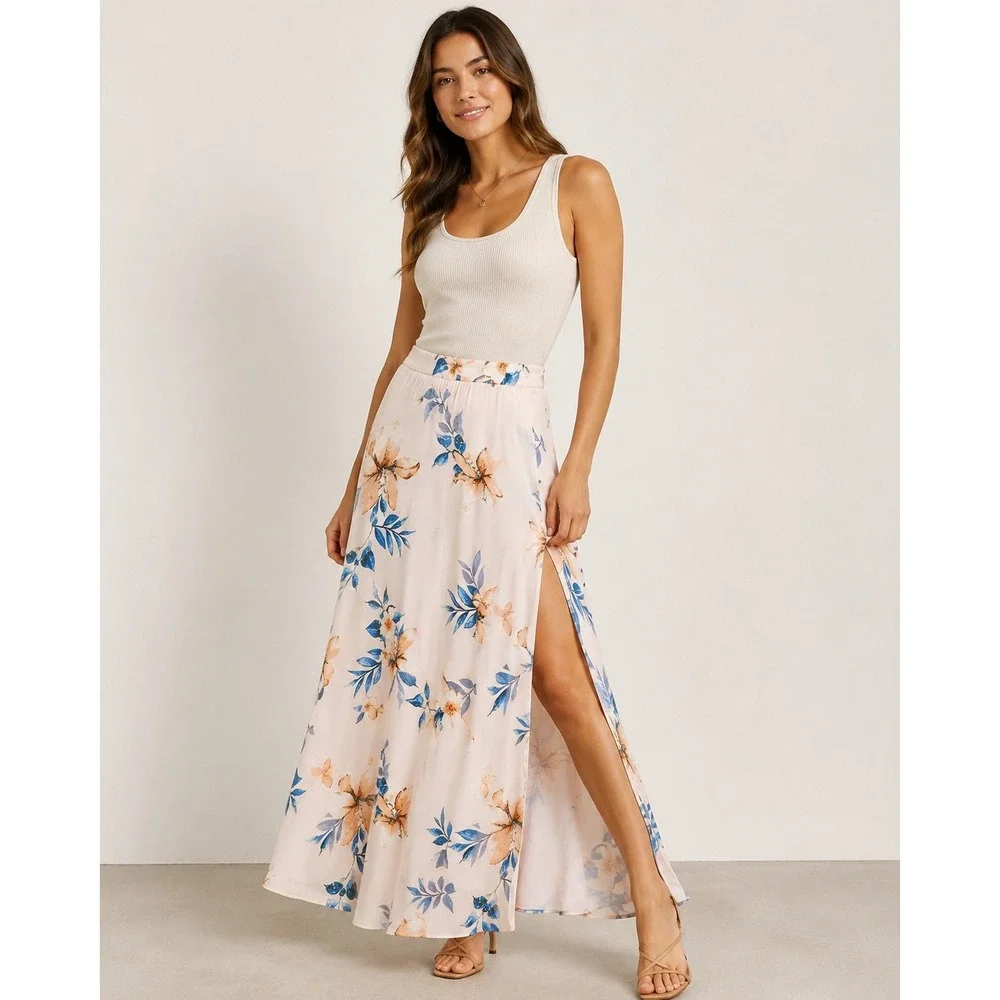 Lulus Women's S Floral Maxi Skirt Blush Blue High Slit Lined Wedding Guest